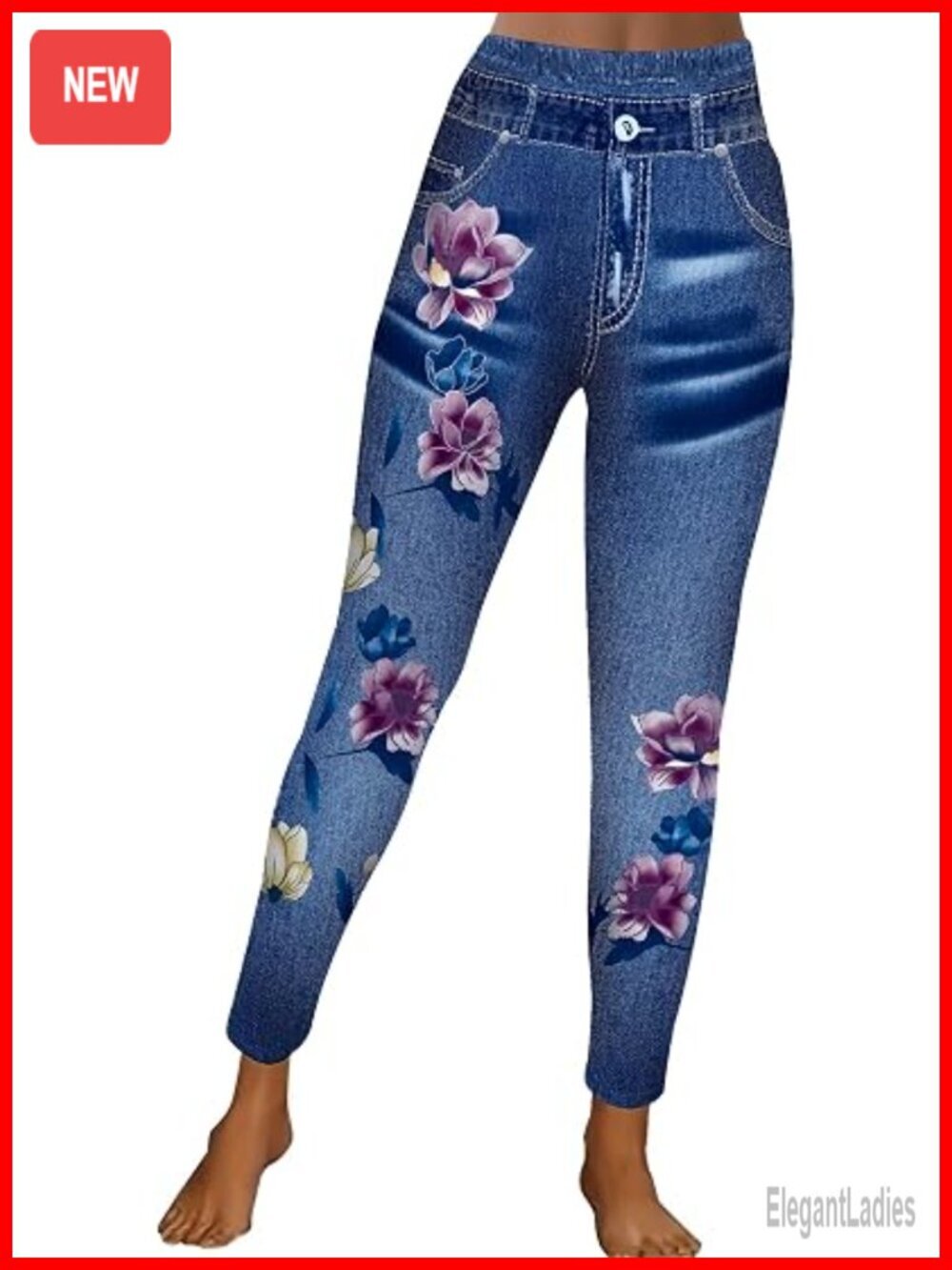 Women's Denim-Print High Waisted Trousers Skinny Stretchy Elastic Waistband